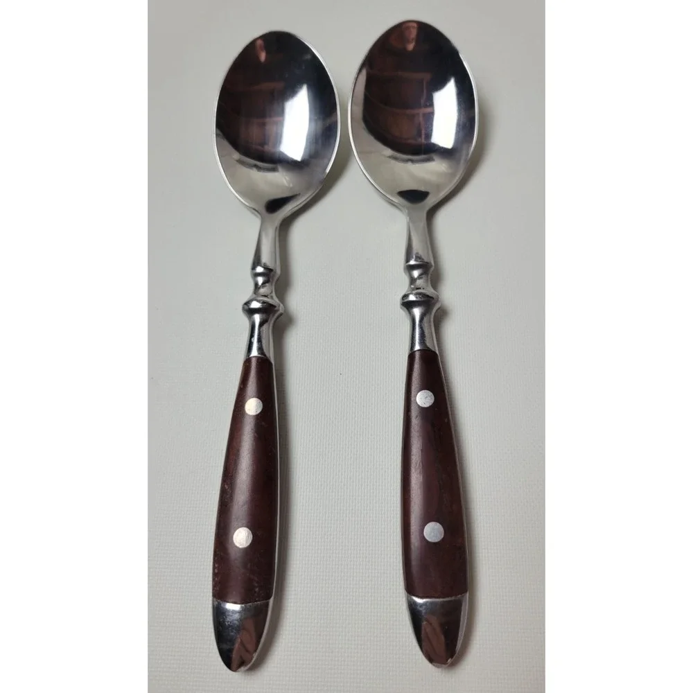 2 Chefs Bistro Place Oval Soup Spoons Woodgrain Brown 18/8 Stainless Steel 7.75